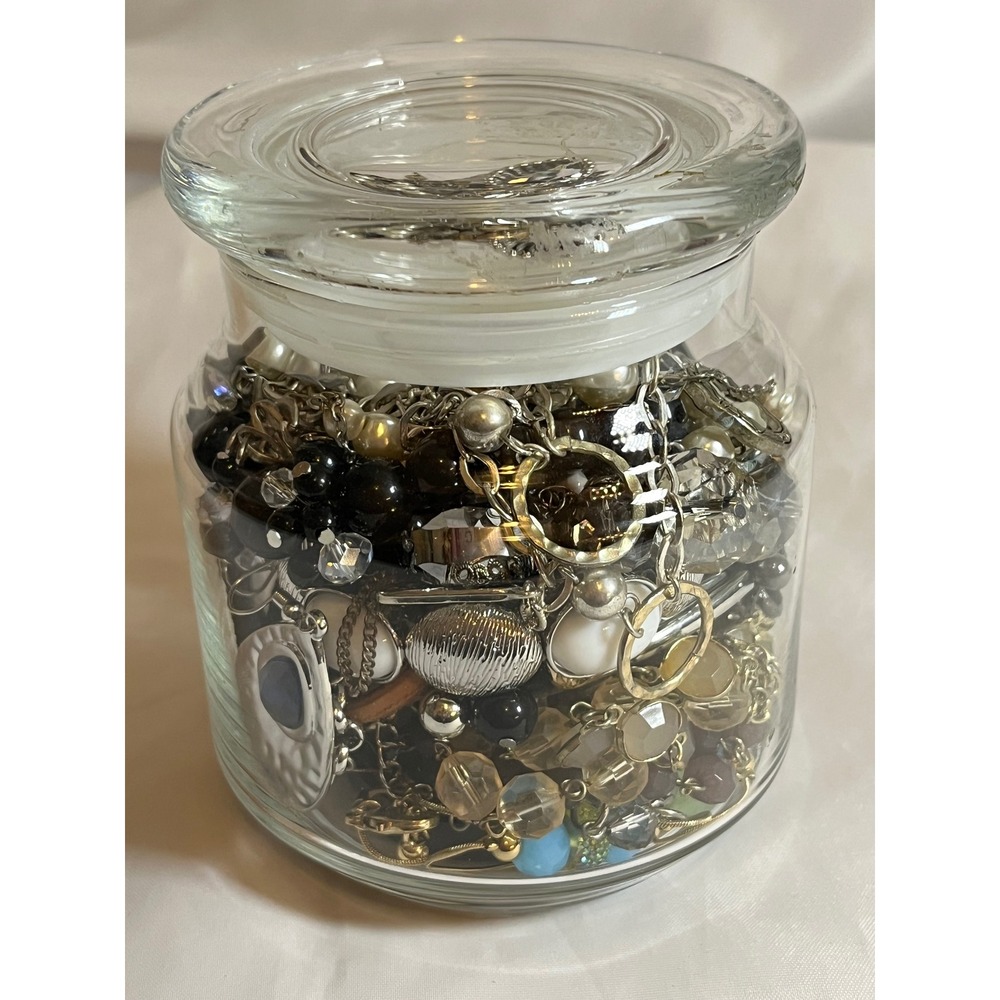 -SOLD-Mixed Costume Jewelry Lot in Glass Jar Faux Pearl Neckl Bracelet Asrt